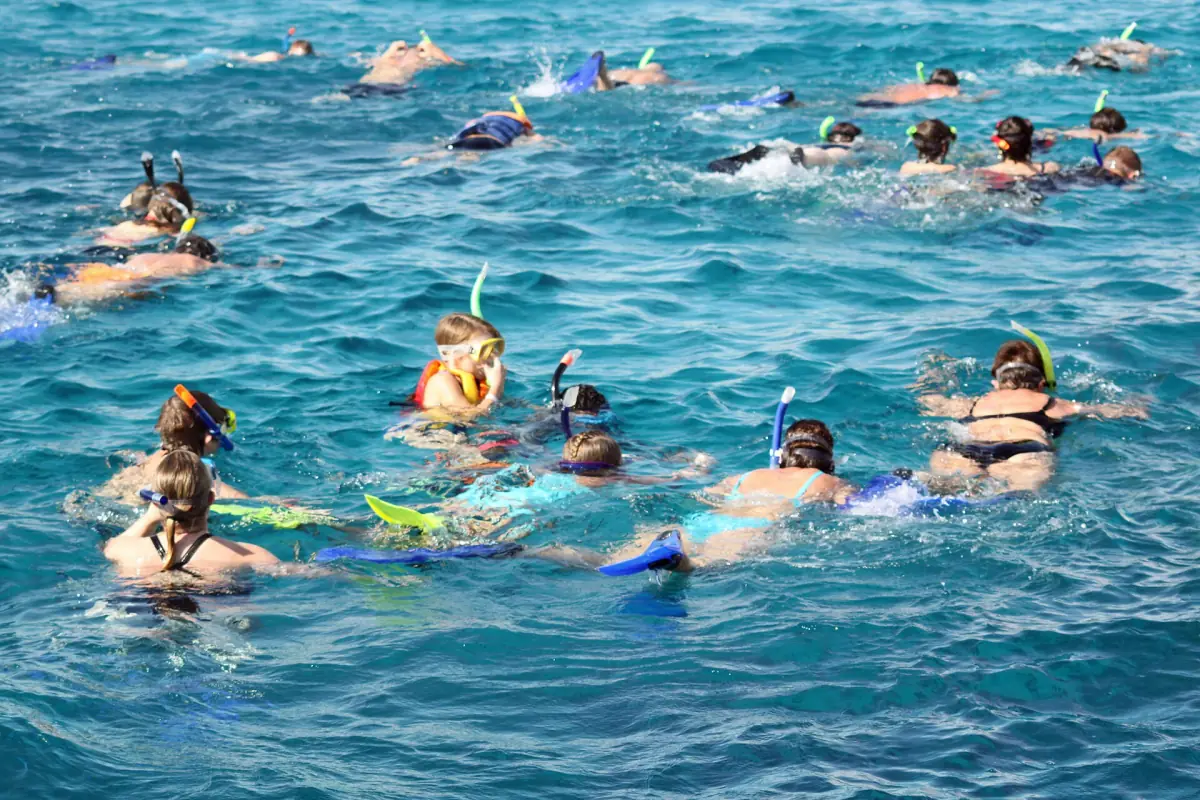 A group of snorkelers floating in open blue water